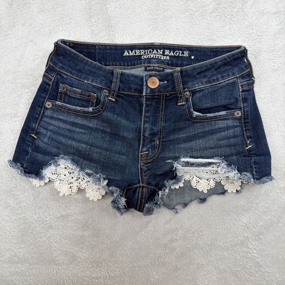 American Eagle Outfitters Dark Wash Denim Shortie Shorts Size 0 Super Stretch
